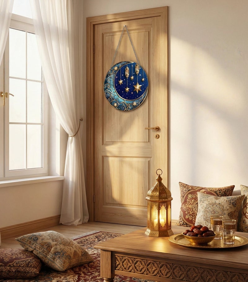 زينة نوافذ عتيقة من الصفيح على شكل نجوم وقمر، وزينة جدارية على شكل هلال لعيد الفطر، وزينة إسلامية رمضانية معلقة، وديكور سماوي لغرفة النوم وغرفة المعيشة، للاستخدام الداخلي والخارجي. - Image 2